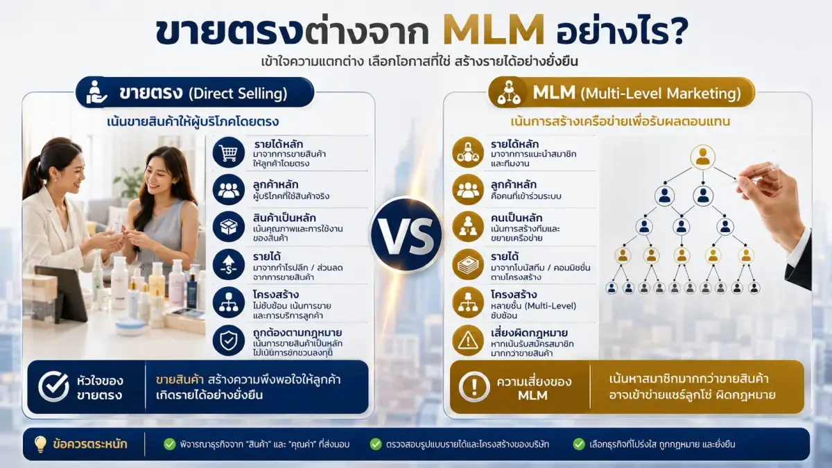 อินโฟกราฟิกเปรียบเทียบความแตกต่างระหว่างขายตรงและ MLM พร้อมโครงสร้างรายได้ ระบบทีม และรูปแบบธุรกิจแบบเครือข่าย